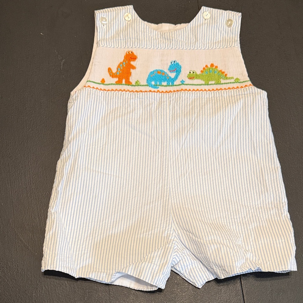 Velani Classics Baby Seersucker Smocked Romper in Light Blue & White